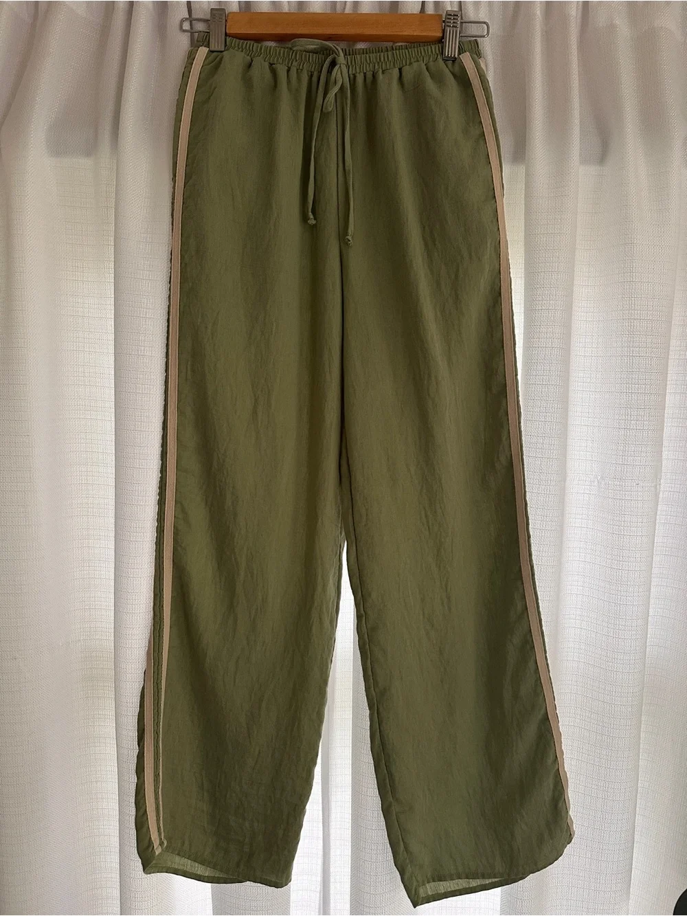 Sienna Sky Sage Lighweight Wide Leg Joggers with Tan Side Stripes